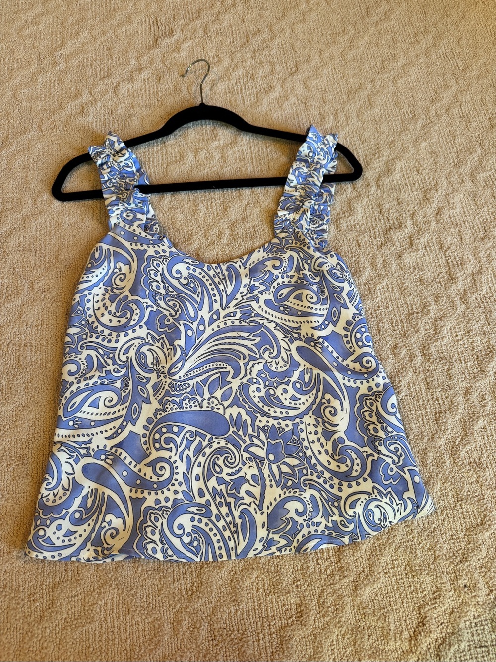Express Blue and White Paisley Ruffle-Strap Camisole